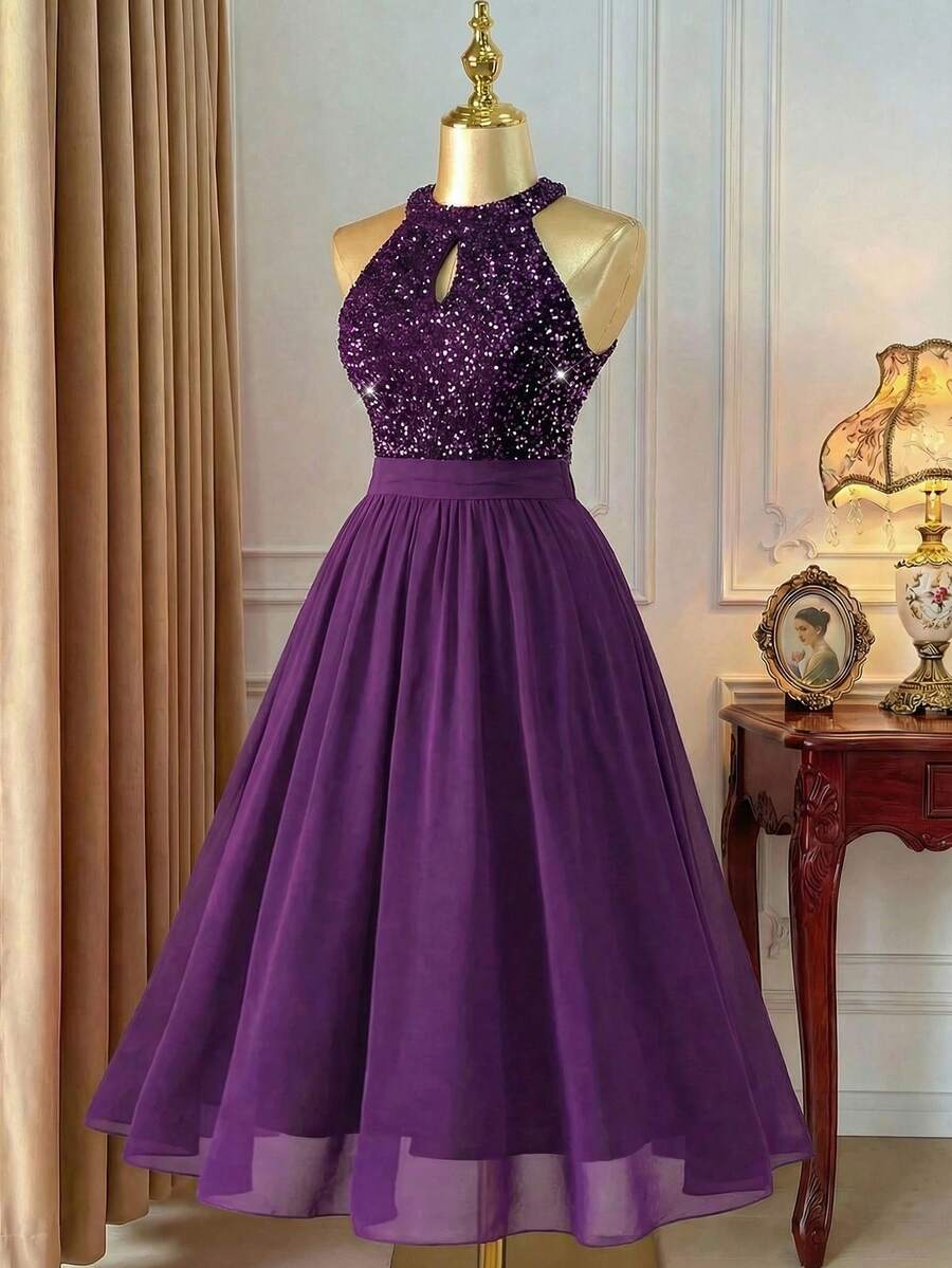 DreamSkyne Plus Size Women Sleeveless Patchwork Sequin Embellished Elegant Dress Maxi Women Outfit - Purple - View 1