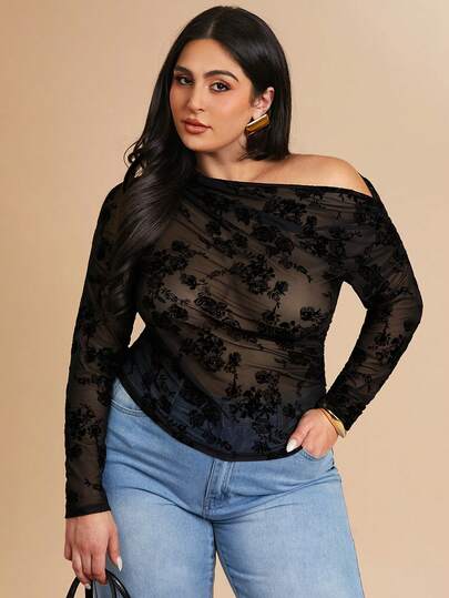 SHEIN BAE Plus Size Women Flocked Sheer Oblique Shoulder Long Sleeve Top, Spring Women , Black Floral Flocked Mesh Asymmetrical Shoulder Long-Sleeved Women's Top For Summer Vacations, Carnival Parties, Wedding Guests, And Other Occasions. Elegant And Versatile Women's Top.