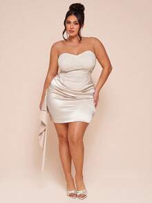 SHEIN BAE 大码女士性感蕾丝拼接缎面连衣裙，春夏款 - 香檳色 - 查看 4