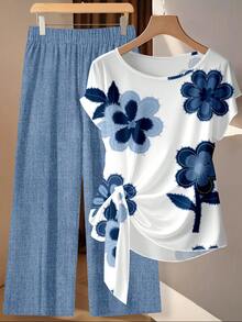 SHEIN Clasi 休闲复古优雅通勤百搭暖色印花图案，沙滩/度假装，夏季户外女式系带蝴蝶结衬衫搭配宽松直筒裤两件套 - 彩色 - 查看 2