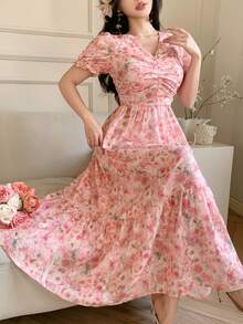 DAZY Women's Pink Bubble Dress With Rose Print, Elegant - Pink - View 1