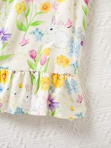SHEIN Playful Pals Vestido de tirantes con volantes en el bajo, estampado digital de conejo lindo y flores, de tela tejida, adecuado para uso diario de verano, salidas, viajes, vacaciones y fiestas, para niñas jóvenes - Multicolor - Ver 7