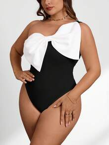 Firerie Plus Size Women's Colorblock Bow Decor Bodysuit, Fashionable & Versatile For Date & Outing - Black and White - View 7