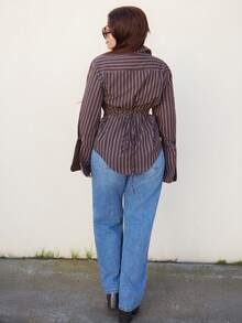 Lupita Cardoza Women's Elegant Striped Button-Up Cinched Waist Shirt, Back To School Teacher, Fall Clothes For Women, Fall Tops, Brown Shirt, Brown Tops - Multicolor - View 2