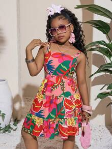 SHEIN Tween Girl Ditsy Floral Casual Sleeveless Dress - Multicolor - View 3