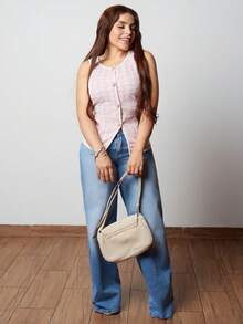 Lupita Cardoza 1件女式千鸟格纹单排扣复古针织背心 - 粉色 - 查看 3