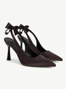 CUCCOO CHICEST Giày cao gót mũi nhọn, đế thấp, gót mảnh, quai sau đính nơ, hở gót, kiểu dáng thanh lịch và thoải mái cho nữ, thích hợp cho các buổi tiệc tối mùa xuân/thu, màu đen. - Cà phê nâu - Xem 2