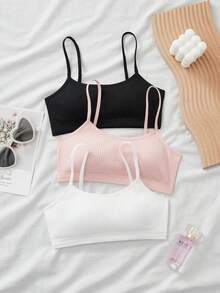 SHEIN 3pcs/Set Teen Girls' Simple Black, White, Pink Comfortable Wireless Bras With Pads, Casual Underwear Ribbed Tube Top Camisole Set Crop Tops Teen Girls Bra Tops Tank Tops With Bras Teen Knitted Ribbed Crop Tops - Multicolor - View 3