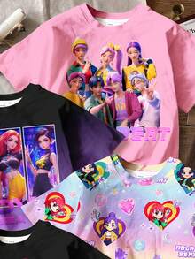 SHEIN 4件套少女返校卡通女孩肖像T恤，K-Pop巨星图案，色彩缤纷，黑紫粉撞色设计，时尚撞色拼接，宽松休闲落肩圆领短袖基础款T恤，适合春夏穿着，休闲校园风、运动休闲、户外野餐、街头风、居家穿着。 - 彩色 - 查看 7