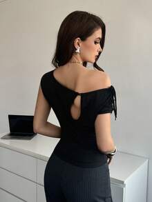 Modelyn Women's Solid Color Tie Shoulder Design Fitted Fashion T-Shirt Black Top One Shoulder Top Sexy Top Off The Shoulder Top Cap Sleeve Top One Sleeve Top Classy Top - Black - View 7