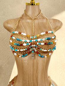 Mistrie Women's Colorful Beaded Swimwear Set, 2pcs/Set, Women's Swimwear Set, Beach VacationSwimwear Set, Island Vacation Swimwear Set, Beach Pool Party Holiday Wear, Spring/Summer, Spring/Summer Boho Swimwear, Women's Beach Bikinis Summer 2026 Summer Outfits For Women Beach Dress Beach Outfits For Women Elegant Casual Summer Holiday Outfits Vacation Outfits For Women Swimwear Bathing Suits For Women Bikini Dress Sexy Summer Rhinestone Bikini Beaded Bikini - Blue - View 2