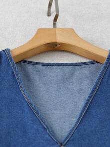 EMERY ROSE 女士V领纽扣设计不对称下摆休闲无袖牛仔上衣 - 藍色 - 查看 5