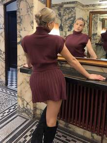 Bethéva Autumn/Winter New High Collar Knit Top + Knitted Blend Midi Skirt 2-Piece Set For Women Christmas Red Burgundy Casual - Burgundy - View 2