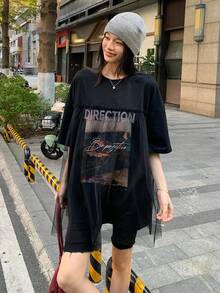 DAZY Women's Round Neck Printed 2 In 1 Korean Style Mesh Patchwork Short Sleeve T-Shirt Graphic Tees Women - Black - View 4