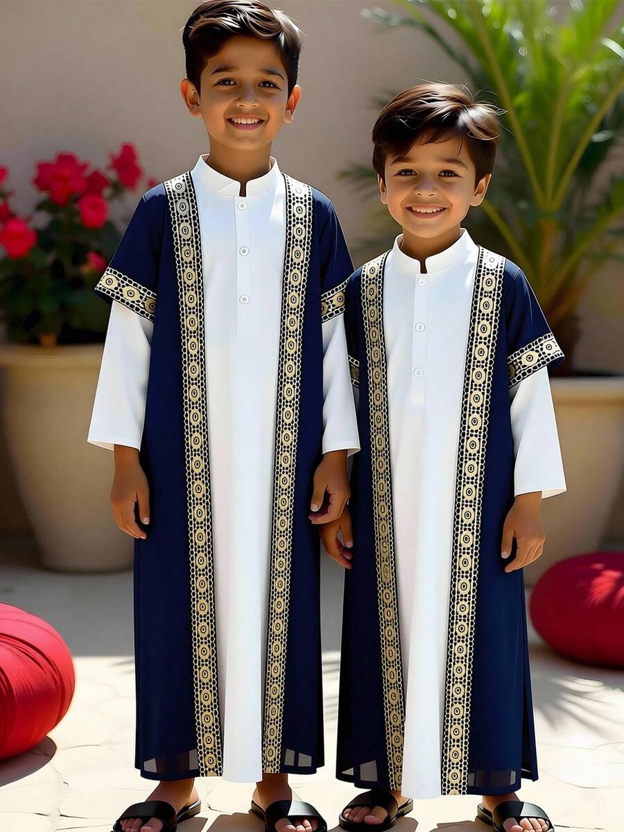 2pcs/Set Young Boys Short Sleeve Jacket And Long Sleeve Half-Placket Shirt Set - Multicolor - View 1