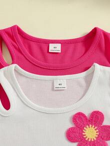 SHEIN Set de 2 tops cortos ajustados con bordado 3D de toalla elegante y vibrante para niñas, en blanco y burdeos - Multicolor - Ver 7