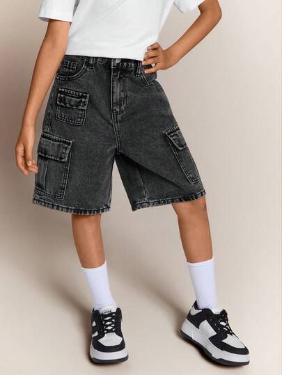 Radiana 青少年女孩 Y2K 时尚石洗高腰翻盖口袋宽松牛仔工装短裤，青少年女孩返校秋季服装