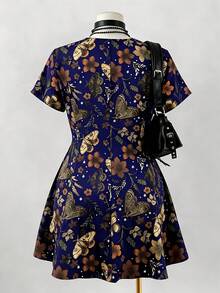 Sunspun Plus Size Women's Navy Blue Summer Goth Night Out Club Vintage Bohemian Printed Punk Rock Metal Zipper Pentagram Buckle Loose A-Line Short Dress - Multicolor - View 2