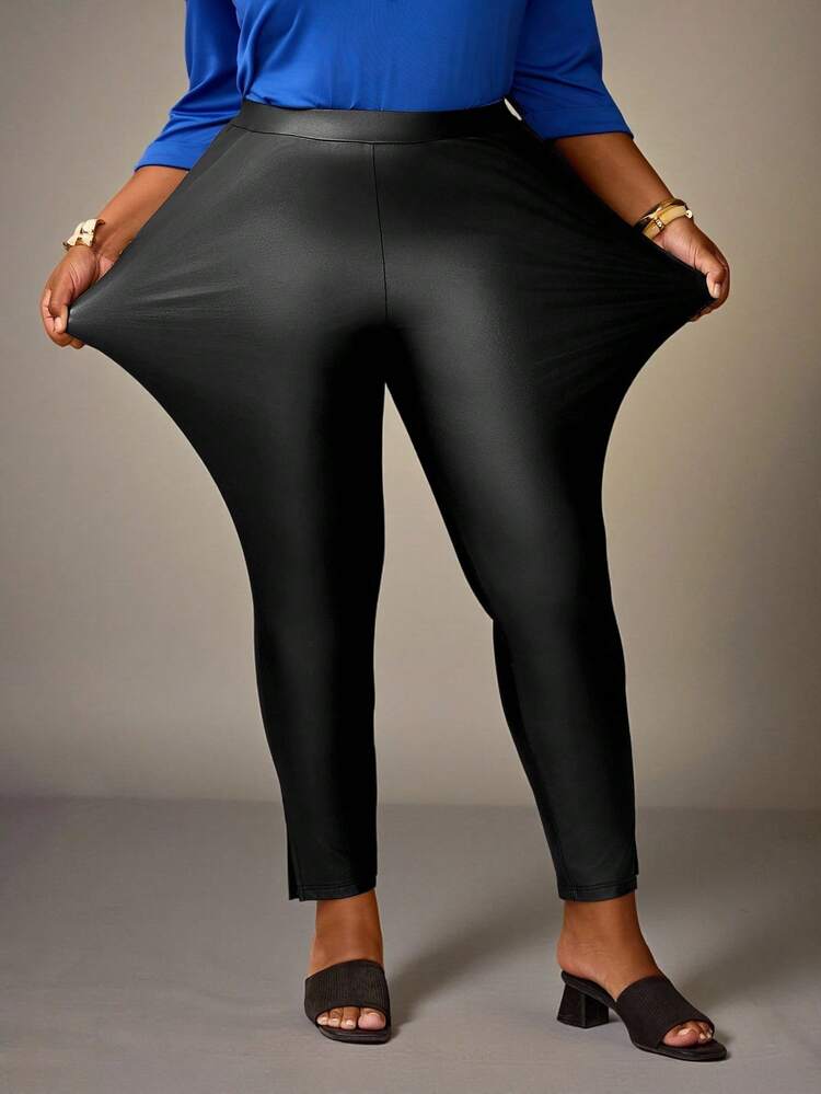 Plus Size Women's Summer Casual Vacation Fashionable Versatile Solid Color Slim Fit Pants,Early Spring,Spring Break, Vacation Women, Holiday For Women,Spring Women,Going Out,2026 New,Simple And Fashionable For Everyday Wear, Black Leather Pants, Plus Size Tights, Curve Plus Size Pants, Black Pants For Women, Curve Pants