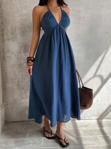 SHEIN 女士牛仔超长高开衩连衣裙 - 藍色 - 查看 3