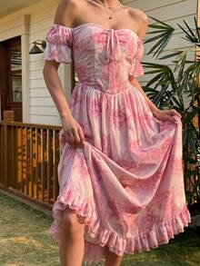 DAZY Đầm maxi chiffon in hoa mùa xuân hè, thanh lịch, thích hợp cho các dịp thường ngày, đi biển, đám cưới, tiệc tùng, đi làm, đầm midi dài tay xẻ cao. - Hồng - Xem 2