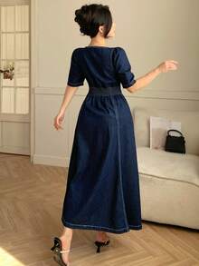 DAZY Women's Casual Washed Fake Pocket Square Neck Puff Sleeve Denim Dress, Summer - Dark Wash - View 2