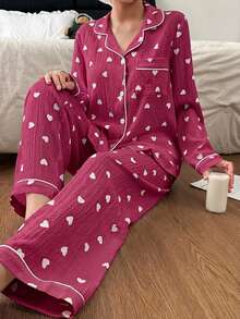 Dream Adore Women's Bubble Crinkle Heart Print Loungewear Set, Suitable For Indoor & Outdoor Wear - Hot Pink - View 5