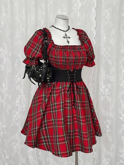 Sunspun Plus Size Dark Style Square Collar Red Plaid Waist Fit & Flare Dress