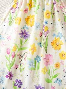 SHEIN Playful Pals Vestido de tirantes con volantes en el bajo, estampado digital de conejo lindo y flores, de tela tejida, adecuado para uso diario de verano, salidas, viajes, vacaciones y fiestas, para niñas jóvenes - Multicolor - Ver 5