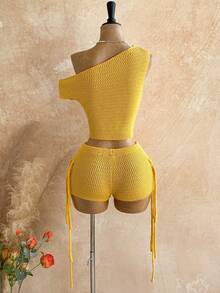 Soleia Casual Outfit For Women Beach Summer Outfits Vacation Womenvyellow 2pcs Solid Color Asymmetrical Shoulder Knit Top And Fringe Design Shorts Set - Yellow - View 2