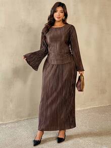 Auralis Plus Size Women Pleated Round Neck Flare Sleeve Top And Midi Skirt Elegant 2-Piece Set Pleated Skirt Set Brown Two Piece Set Women Modest Two Piece Set Elegant Casual Two Piece Set Spring Outfit For Women, Spring Set For Women - Brown - View 4