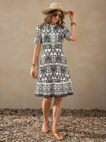Wildy BOHO Bohemian Blue And White Porcelain Print Midi Dress, Summercasual Outfit For Women Jacquard Dress Print Dresses For Women Pattern Dress Motif Women Dresses Church Dress Women Women's Dresses - Apricot - View 6