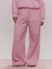MUSERA Quilted Tie Waist Wide Leg Trousers Tracksuit Bottoms Cute Cosy Spring Everyday Sugar Swizzle - Baby Pink - View 2