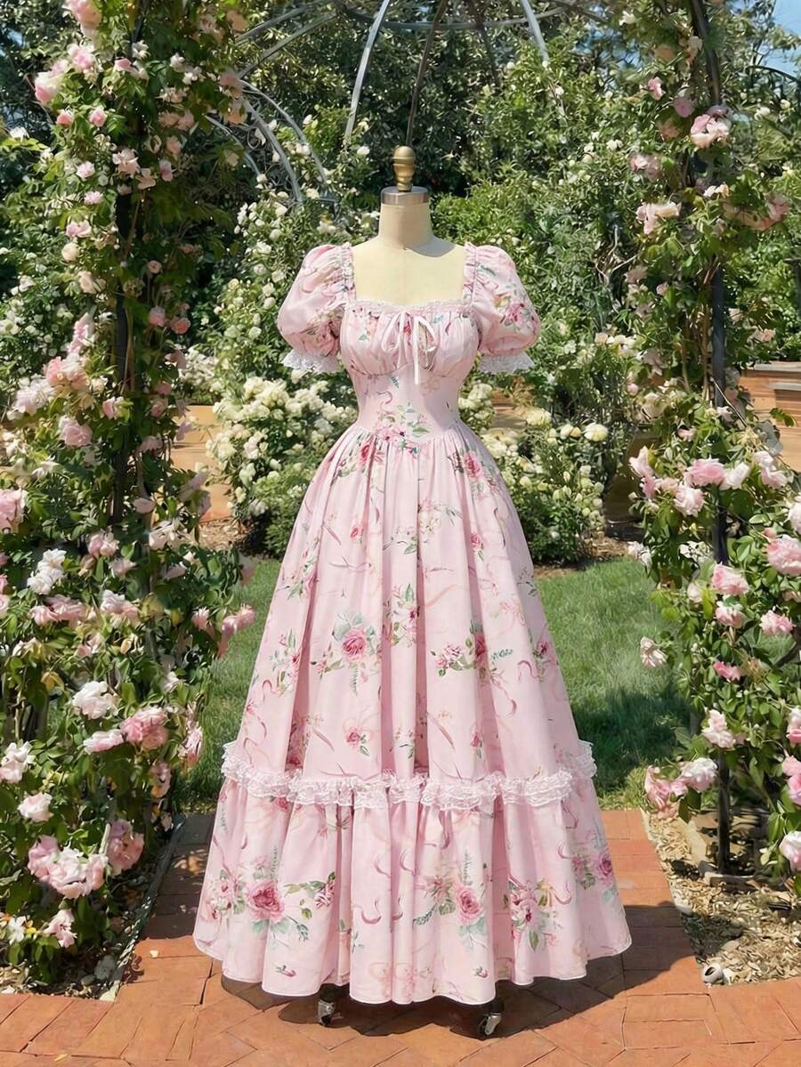 SHEIN MOD 粉色印花维多利亚风格蕾丝荷叶边长裙——复古礼服、派对礼服、舞会礼服；做工精致，完美适用于度假、约会、野餐、派对、舞会、节日和生日等场合；浪漫可爱 - 粉色 - 查看 1