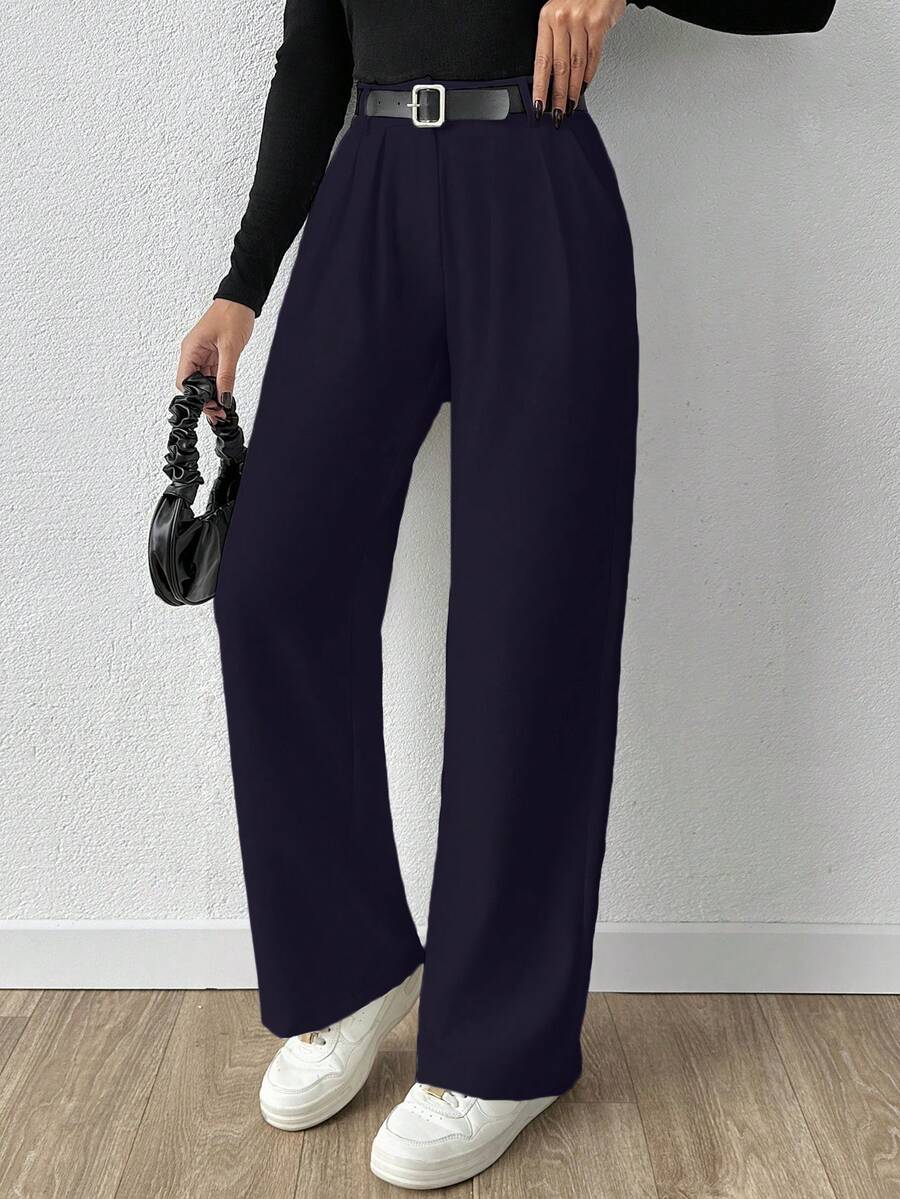 SHEIN Cottnline Women Solid Color Extra Wide Leg Pants - Navy Blue - View 1