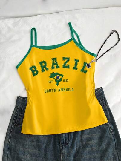 SHEIN Girls' Summer Colorblock Yellow Green Brazil Element Letter Print Camisole Tank Top, Casual Everyday Versatile, Classic Colorway, Suitable For Girls & Girl, Comfortable For Home, Daily, Sports