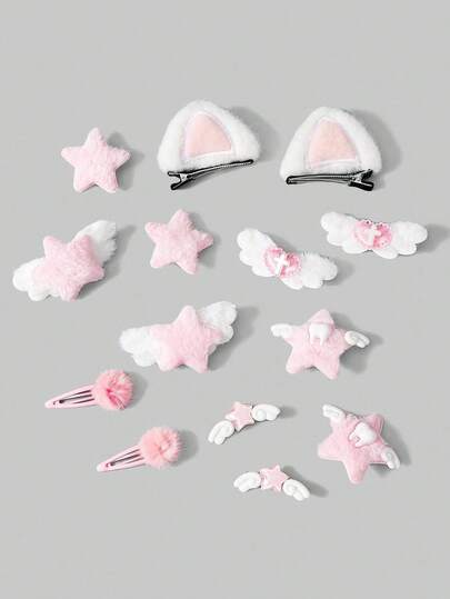 ROMWE Goth 14 Pieces Random Style Handmade Hairpin, Pink Y2K Hairball, Stars, Cat Ears, Love, Wings, Star Element Combination Hairpin, Cute Style Fluffy Hairpin Hair Accessories Combination
