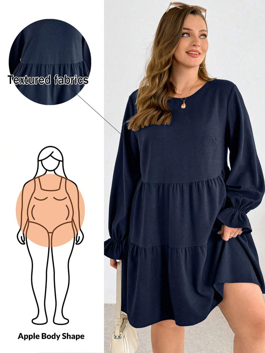 SHEIN Essnce Plus-Size Women's Navy Blue Autumn Long-Sleeved Dress,Smart Casual Vacation Textured Fabric Loose Fashion Everyday Comfortable Basic Dress - Navy Blue - View 1