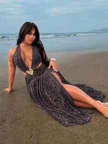 Rustia Sexy & Elegant Leopard Print Fitted Long Slit Dress - Brown - View 7