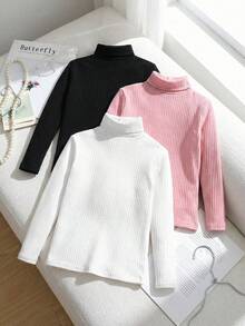 SHEIN 3 piezas Tops de manga larga con cuello alto de punto de unicolor básico para niñas preadolescentes - Multicolor - Ver 7