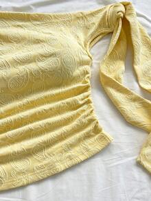 Soleia Women's Oblique Shoulder Ruched Cashew Embroidery Pattern Fashionable Versatile Top For Dates And Parties - Pale Yellow - View 4