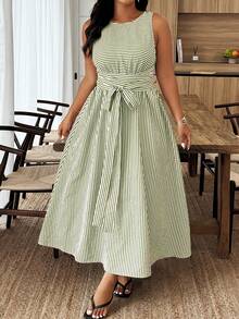 Weeklong Plus Size Summer Casual Striped Round Neck Sleeveless Dress - Multicolor - View 3