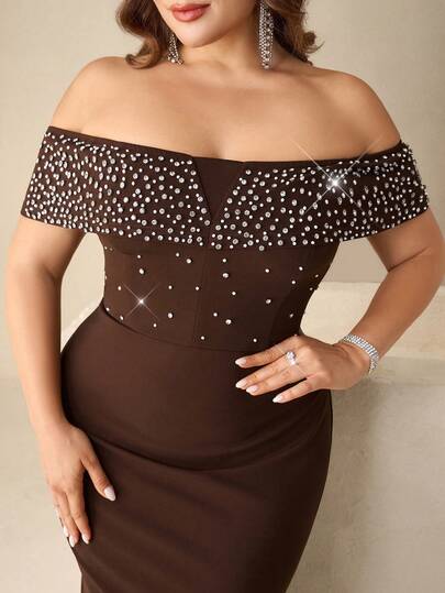 Coutiva 大码女士水钻装饰露肩纯色鱼尾下摆优雅正式晚礼服