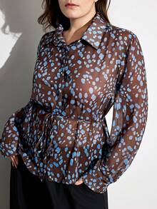 Aveloria Modichic 大码复古波点收腰衬衫，修身翻领长袖上衣 - 棕色 - 查看 1