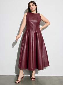 Aveloria Modichic Elegant & Chic Women's Fashion Date High-End Luxury Split Design Round Neck Waist Flared Hem PU Plus Size Sleeveless Dress - Burgundy - View 1