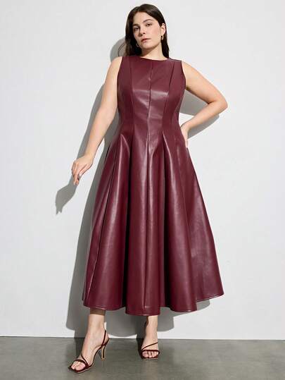 Aveloria Modichic 优雅别致的女士时尚约会高端奢华分体式圆领喇叭下摆PU大码无袖连衣裙