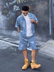 DAZY Bộ đồ nam mùa hè, phong cách thường ngày, thích hợp đi nghỉ mát, dạo phố, đi làm, gồm áo sơ mi ngắn tay và quần short denim. - Màu xanh lam - Xem 3