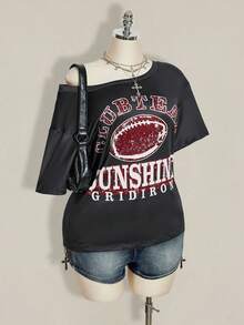 SHEIN ICON Plus Size Women Y2K Vintage Football Graphic Oblique Shoulder Loose Casual T-Shirt - Multicolor - View 5