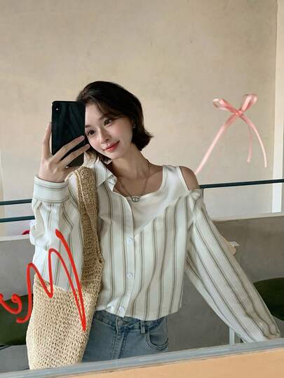 DAZY Women's Autumn New Stylish Lapel Patchwork 2 In 1 Open Shoulder Single-Breasted Long Sleeve Striped Shirt