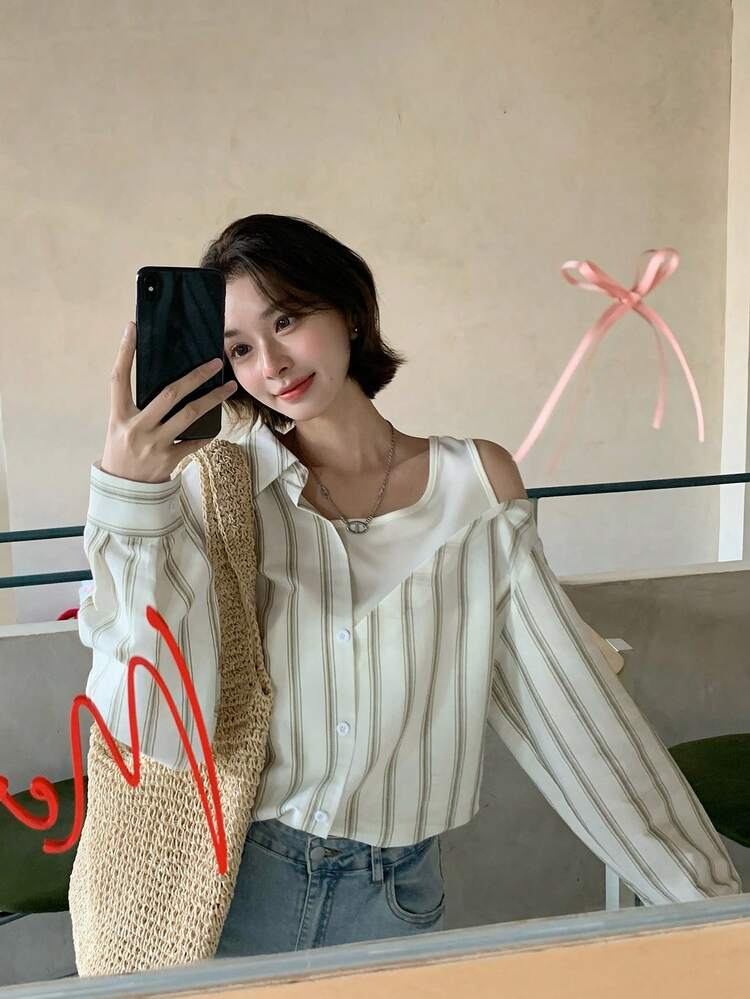 Women's Autumn New Stylish Lapel Patchwork 2 In 1 Open Shoulder Single-Breasted Long Sleeve Striped Shirt